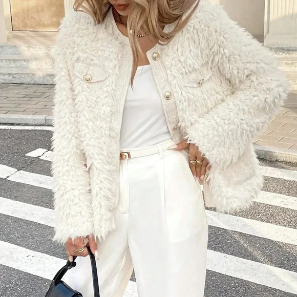 Beige Casual Women's Long Sleeve Faux Fur Crew Neck Tweed Coat - Picture 4 of 6